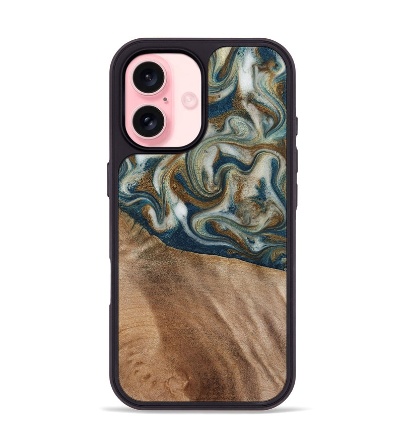 iPhone 16 Wood Phone Case - Mona (Teal & Gold, 817244)