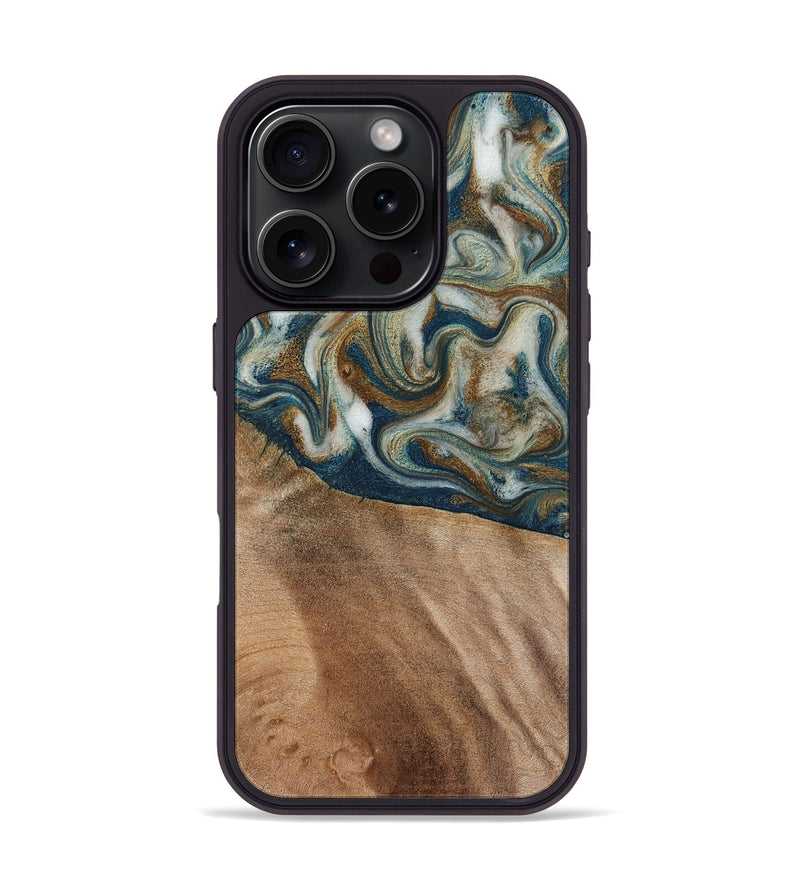 iPhone 16 Pro Wood Phone Case - Mona (Teal & Gold, 817244)