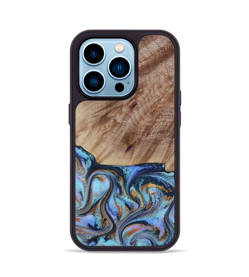 iPhone 14 Pro Wood Phone Case - Malissa (Teal & Gold, 817245)