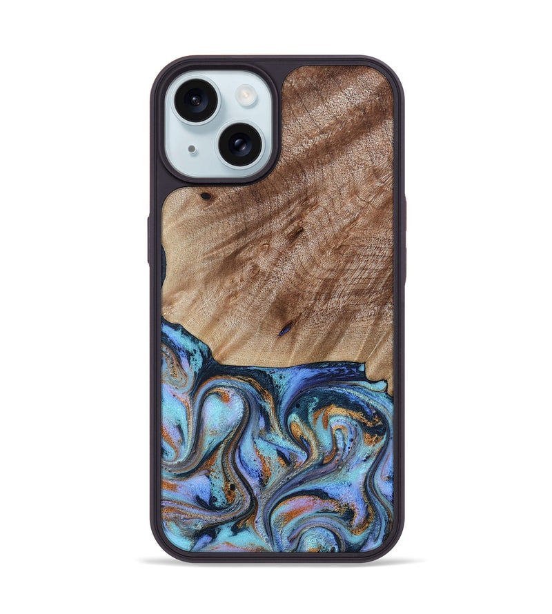 iPhone 15 Wood Phone Case - Malissa (Teal & Gold, 817245)