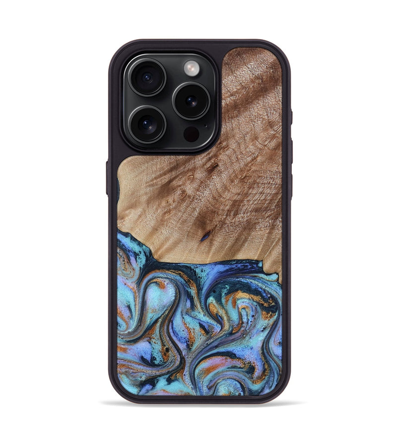 iPhone 15 Pro Wood Phone Case - Malissa (Teal & Gold, 817245)