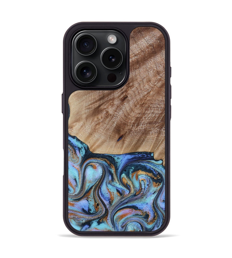 iPhone 16 Pro Wood Phone Case - Malissa (Teal & Gold, 817245)