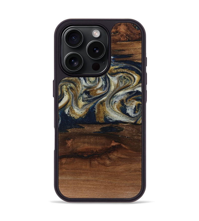 iPhone 16 Pro Wood Phone Case - Lelah (Teal & Gold, 817281)
