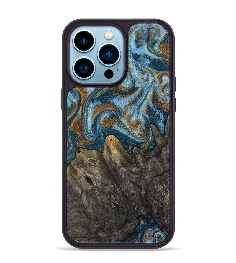 iPhone 14 Pro Max Wood Phone Case - Jayme (Teal & Gold, 817282)