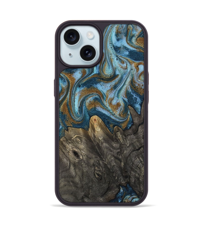 iPhone 15 Wood Phone Case - Jayme (Teal & Gold, 817282)