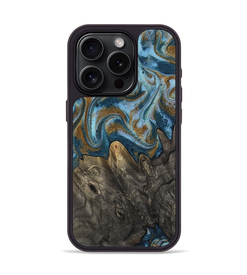 iPhone 15 Pro Wood Phone Case - Jayme (Teal & Gold, 817282)