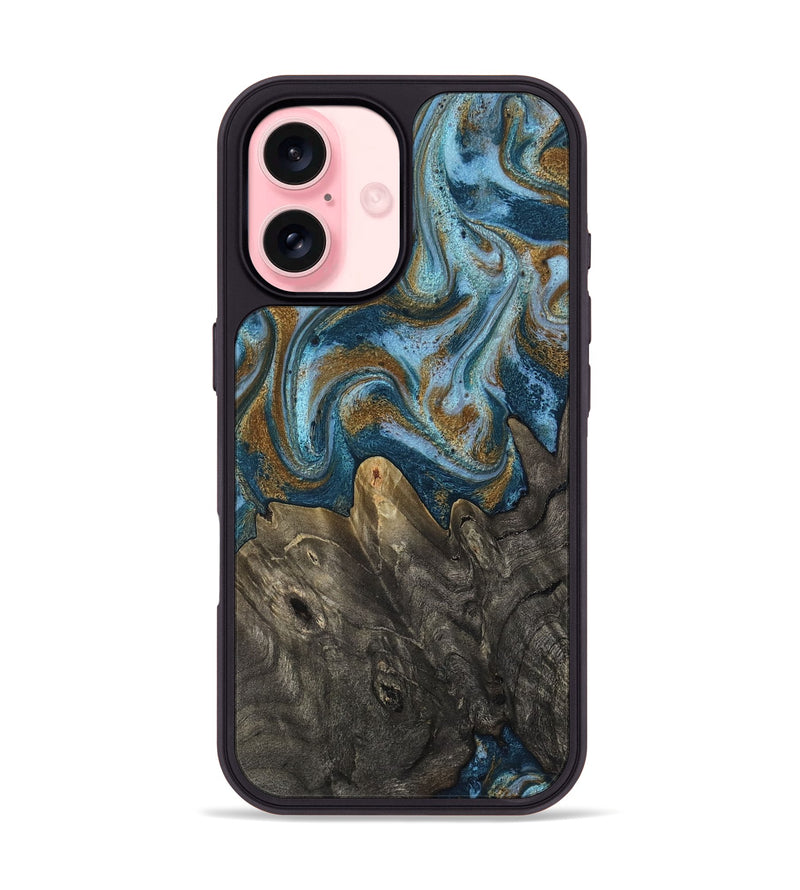iPhone 16 Wood Phone Case - Jayme (Teal & Gold, 817282)