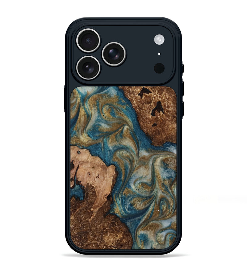 iPhone 17 Pro Max Wood Phone Case - Darwin (Teal & Gold, 817315)