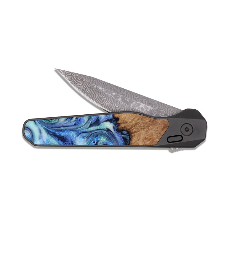 EDC Dark Damascus Wood Pocket Knife - Carlene (Blue, 817538)