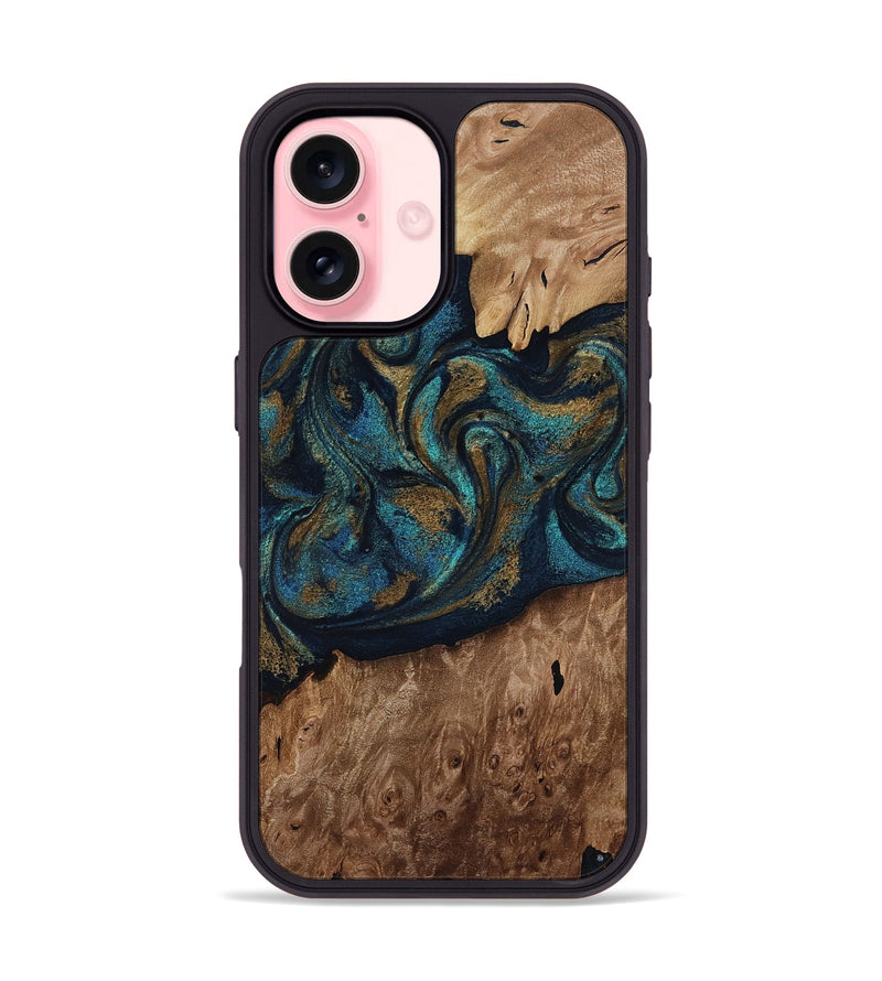 iPhone 16 Wood Phone Case - Dandre (Teal & Gold, 817669)