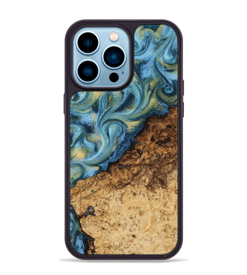 iPhone 14 Pro Max Wood Phone Case - Marlin (Teal & Gold, 817674)