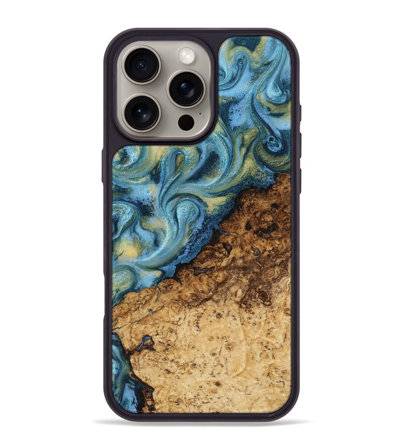iPhone 16 Pro Max Wood Phone Case - Marlin (Teal & Gold, 817674)