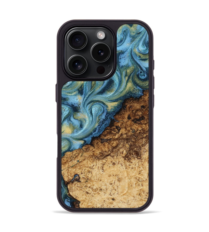 iPhone 16 Pro Wood Phone Case - Marlin (Teal & Gold, 817674)