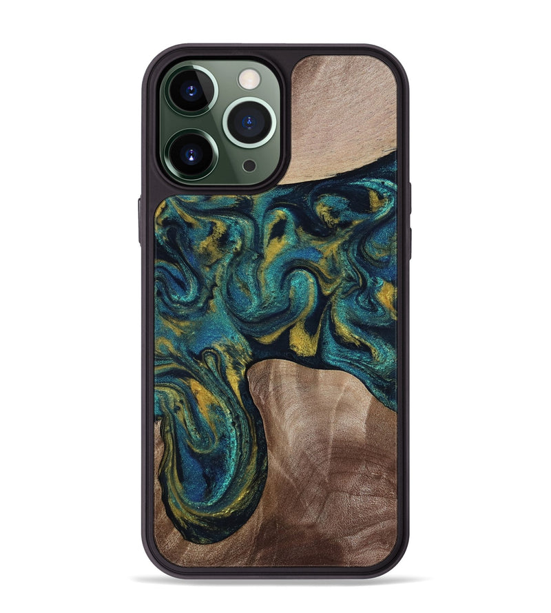 iPhone 13 Pro Max Wood Phone Case - Keon (Teal & Gold, 817717)