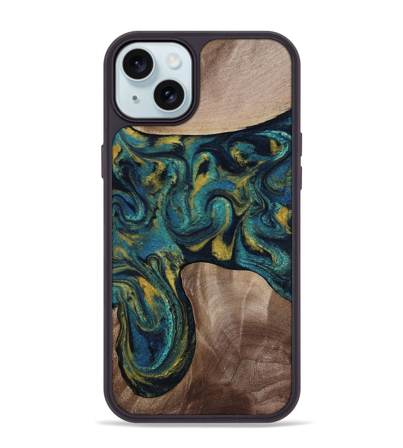 iPhone 15 Plus Wood Phone Case - Keon (Teal & Gold, 817717)