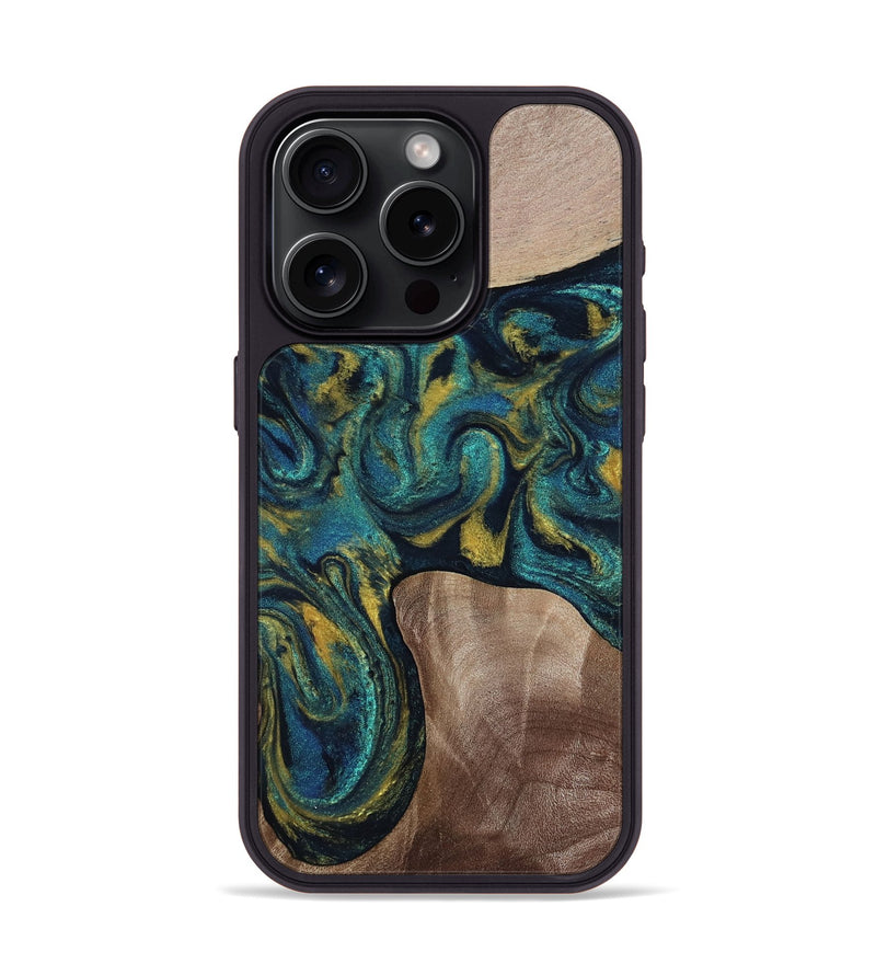 iPhone 15 Pro Wood Phone Case - Keon (Teal & Gold, 817717)