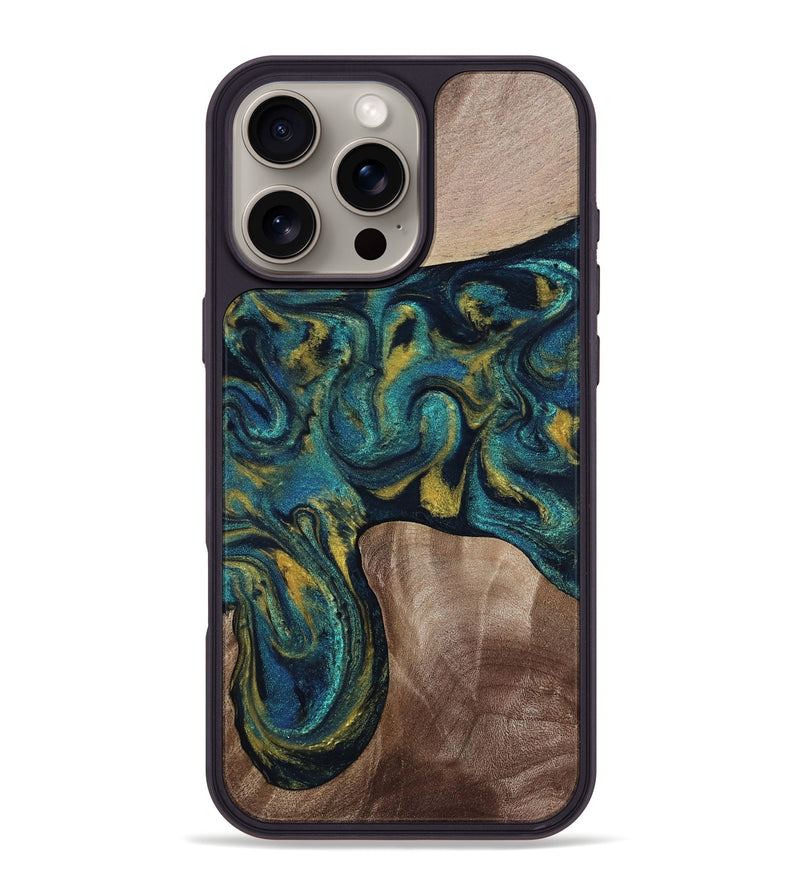 iPhone 16 Pro Max Wood Phone Case - Keon (Teal & Gold, 817717)