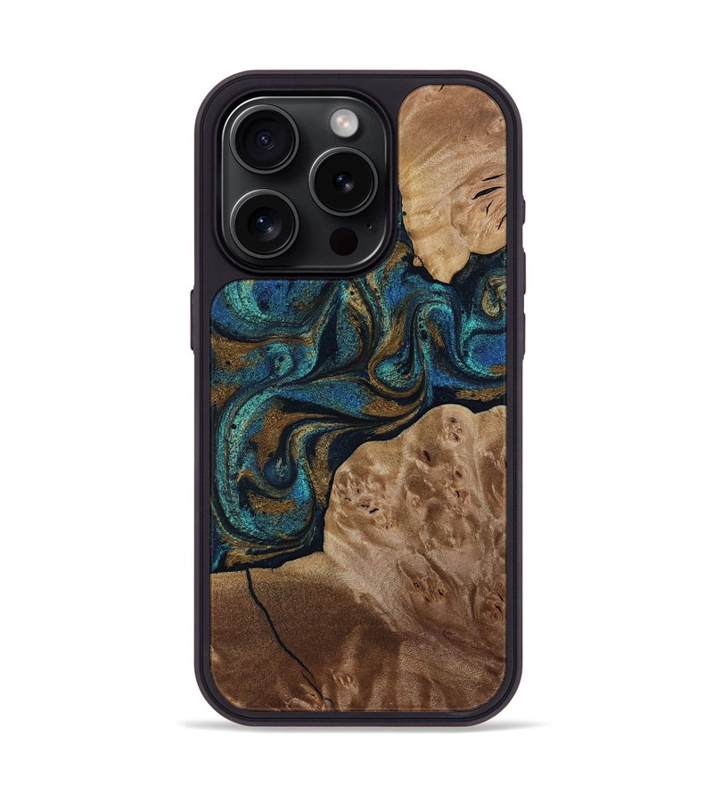 iPhone 15 Pro Wood Phone Case - Nalani (Teal & Gold, 817720)