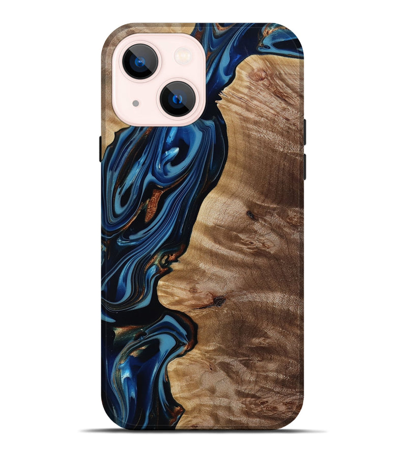 iPhone 14 Plus Wood Live Edge Phone Case - Estelle (Teal & Gold, 817843)