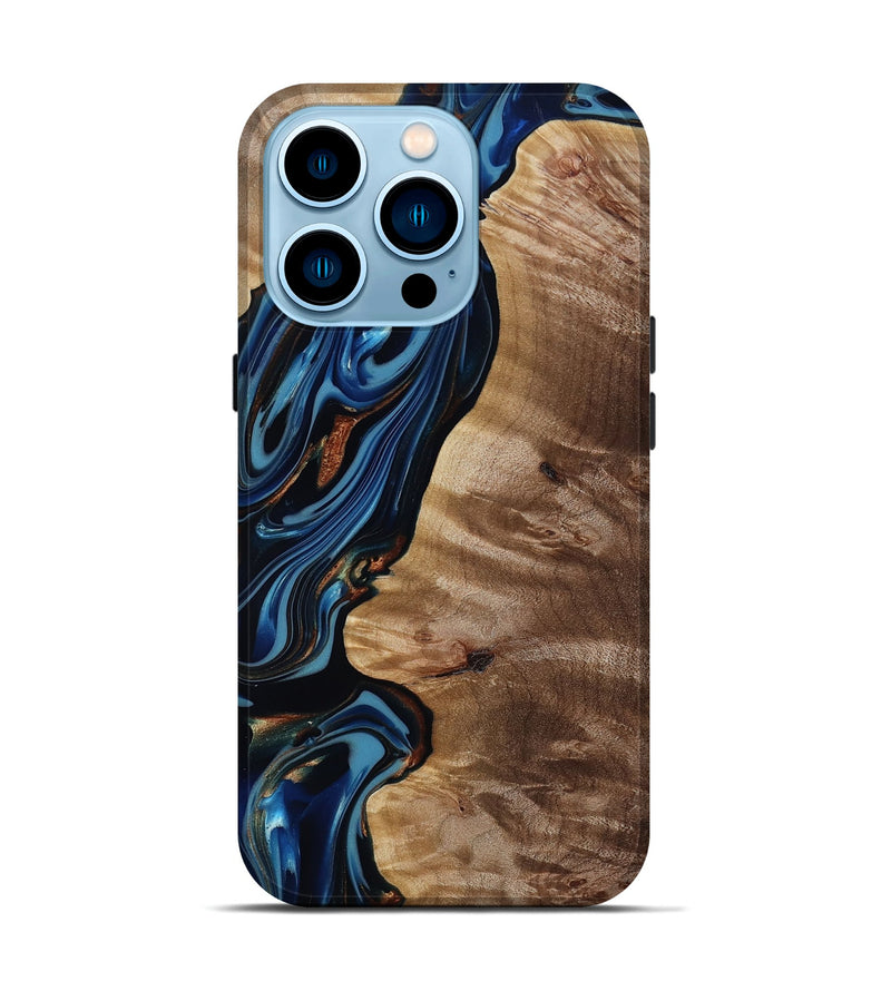 iPhone 14 Pro Wood Live Edge Phone Case - Estelle (Teal & Gold, 817843)