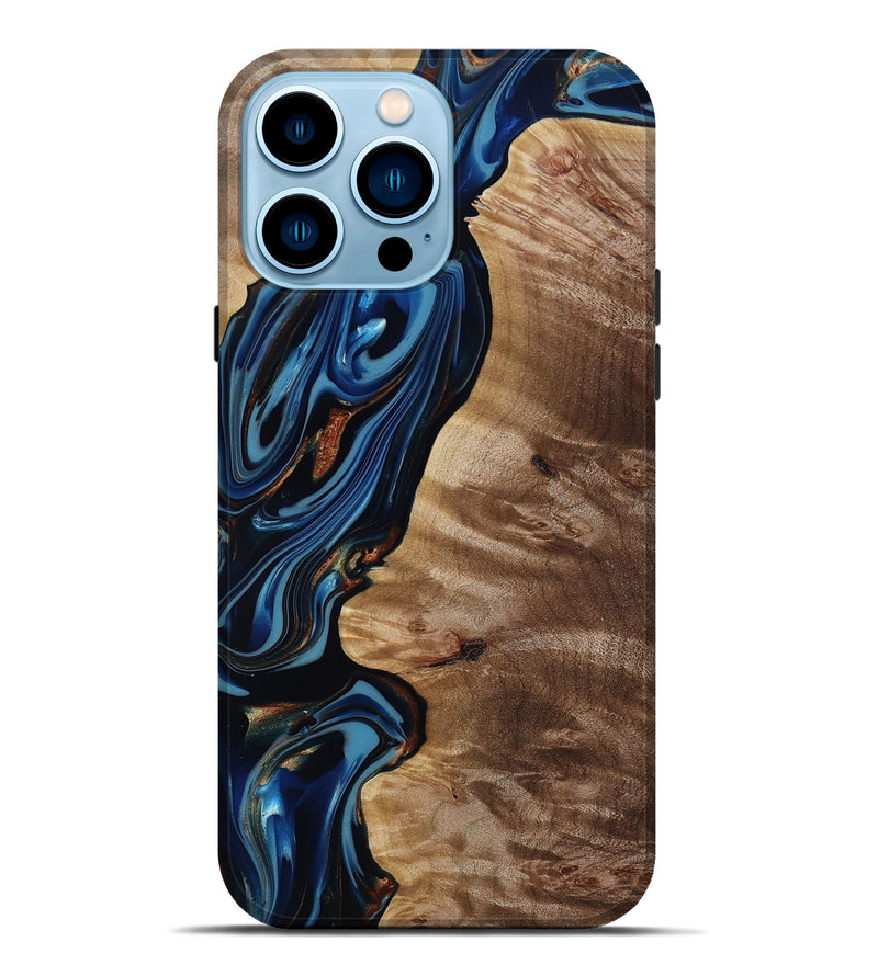 iPhone 14 Pro Max Wood Live Edge Phone Case - Estelle (Teal & Gold, 817843)