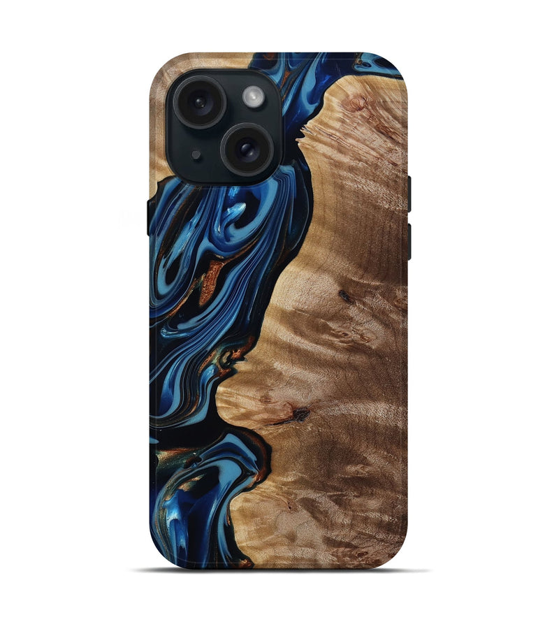 iPhone 15 Wood Live Edge Phone Case - Estelle (Teal & Gold, 817843)