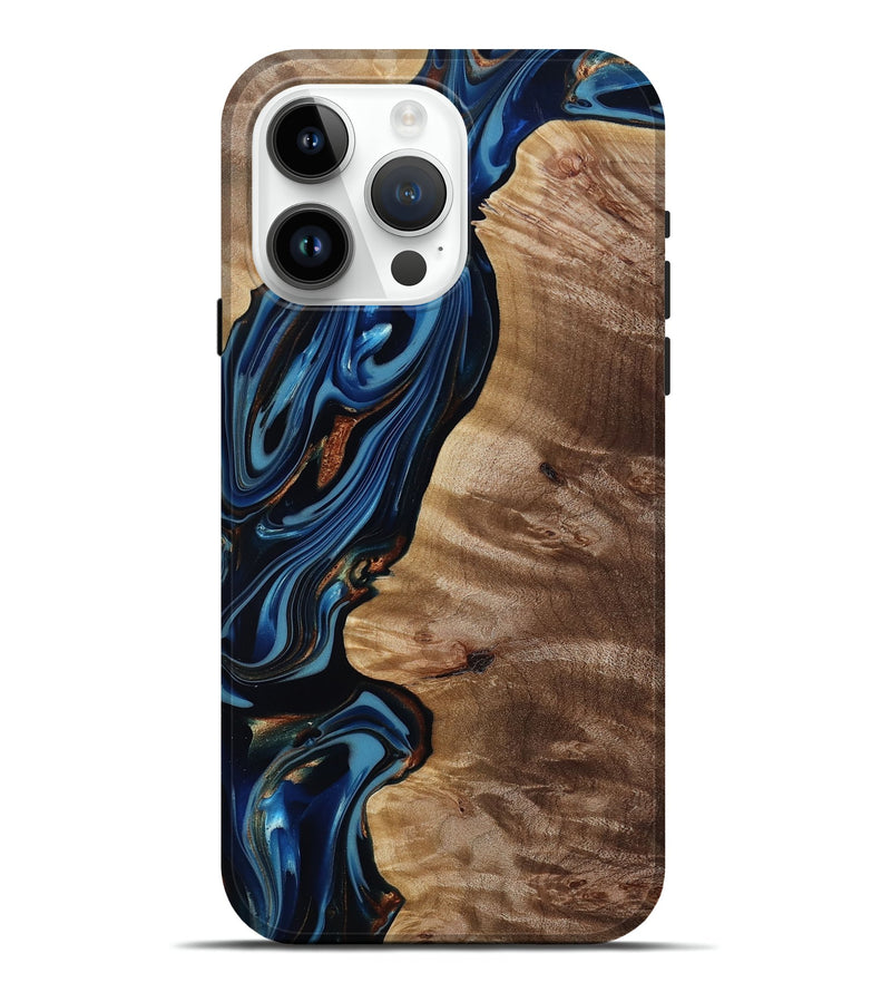 iPhone 15 Pro Max Wood Live Edge Phone Case - Estelle (Teal & Gold, 817843)