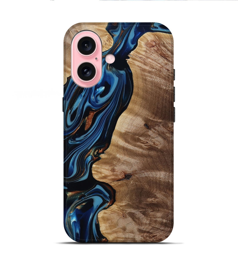 iPhone 16 Wood Live Edge Phone Case - Estelle (Teal & Gold, 817843)