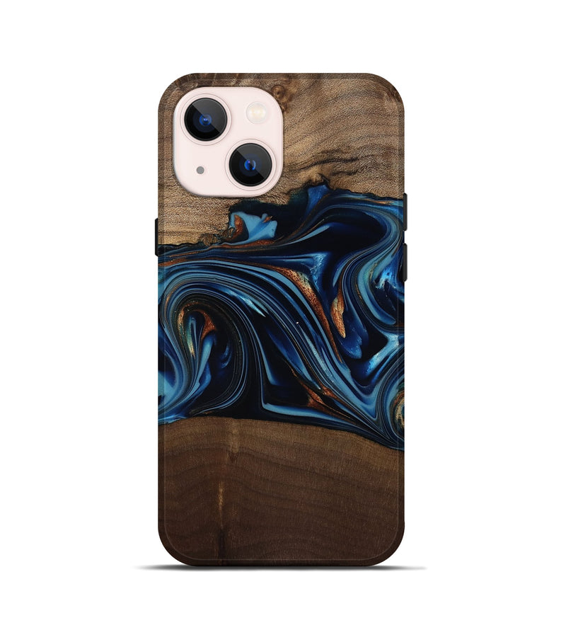 iPhone 13 mini Wood Live Edge Phone Case - Colin (Teal & Gold, 817846)