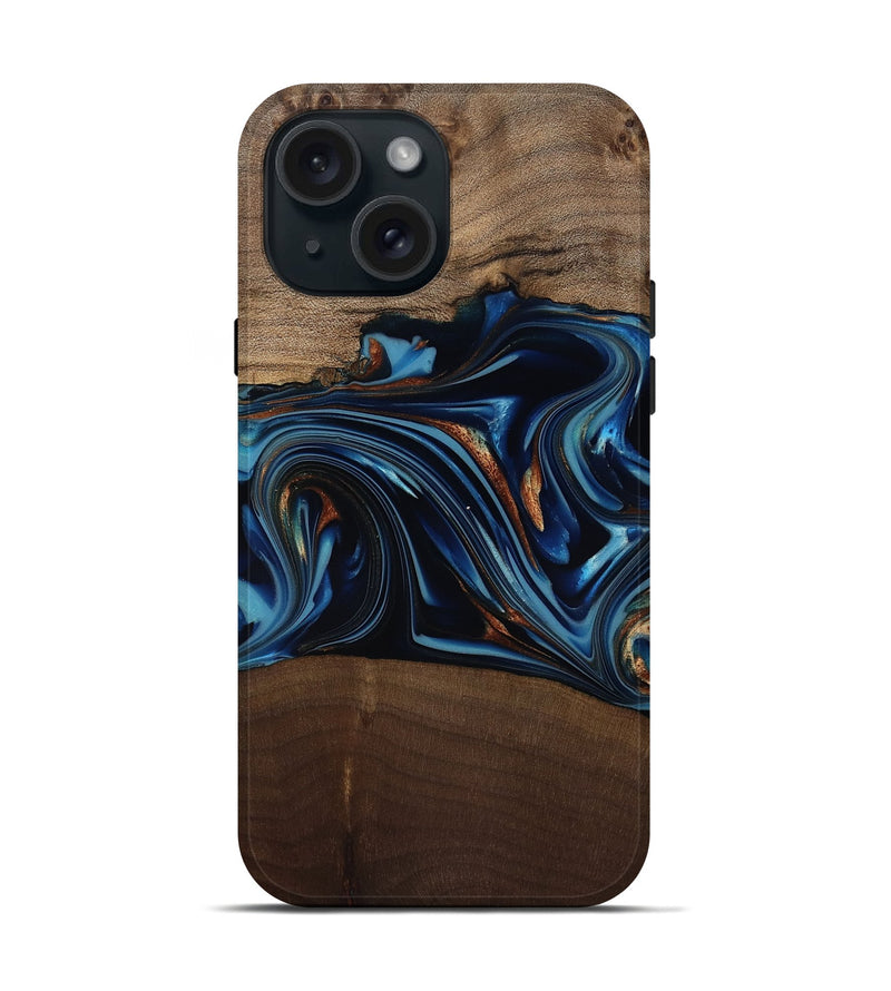 iPhone 15 Wood Live Edge Phone Case - Colin (Teal & Gold, 817846)