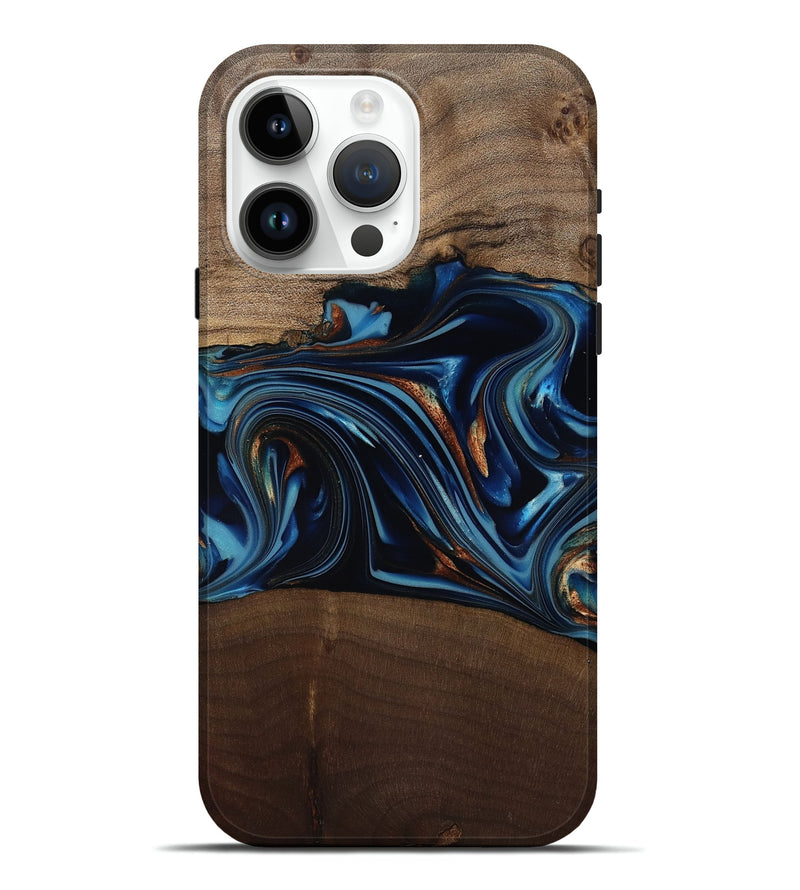 iPhone 15 Pro Max Wood Live Edge Phone Case - Colin (Teal & Gold, 817846)
