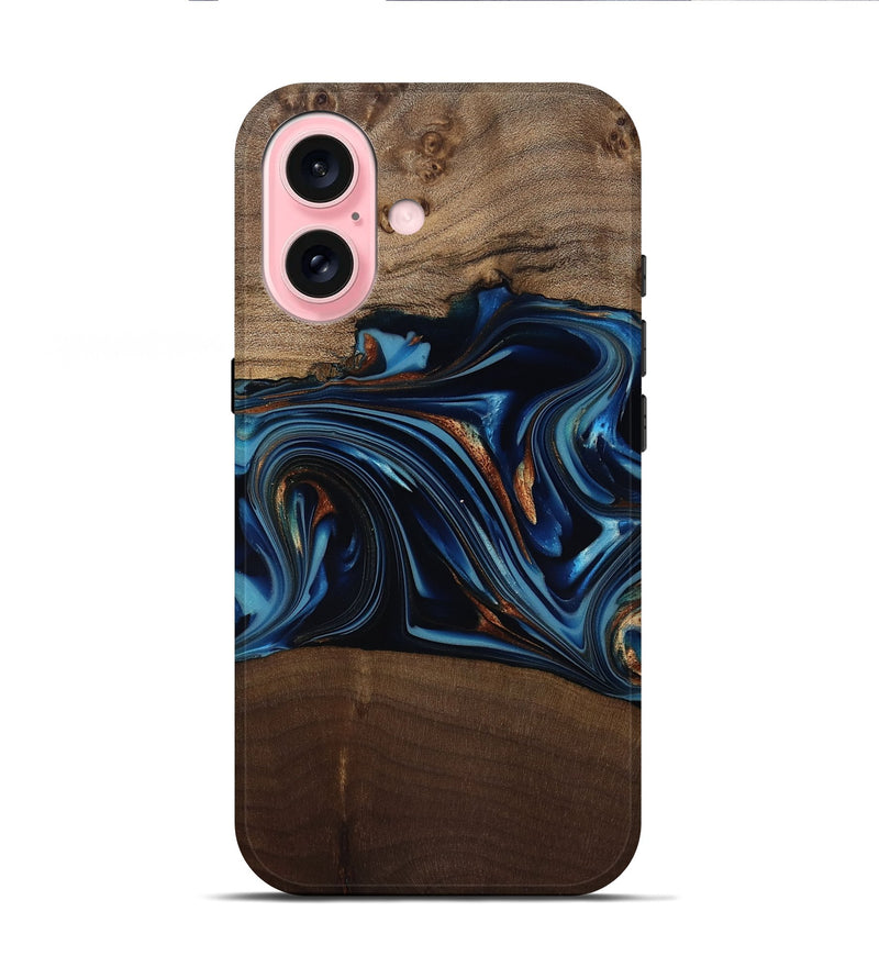 iPhone 16 Wood Live Edge Phone Case - Colin (Teal & Gold, 817846)
