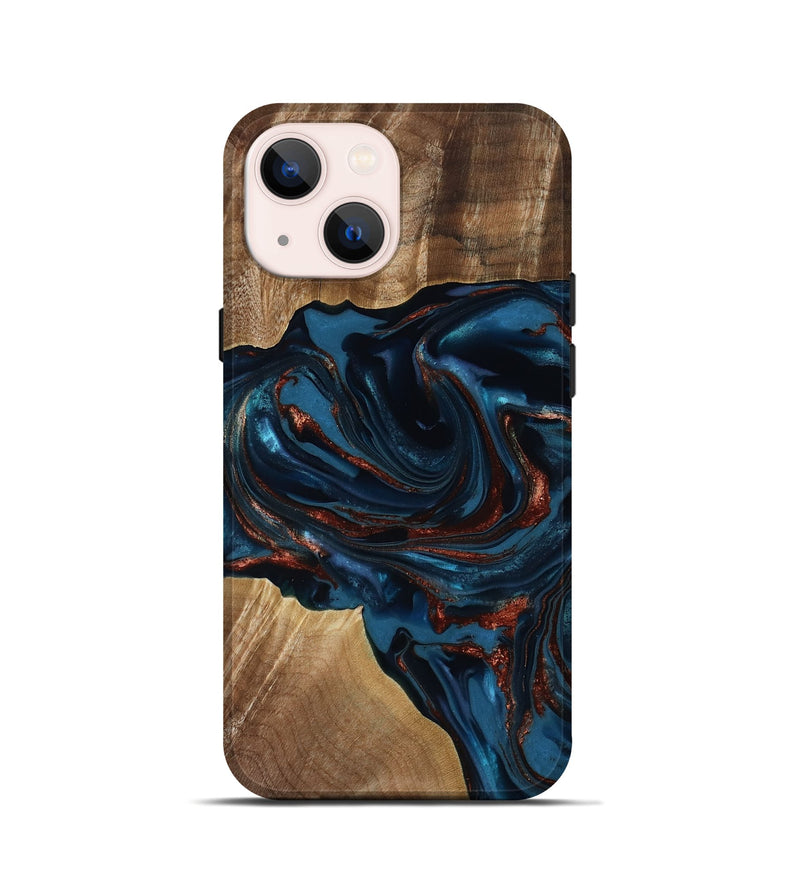 iPhone 13 mini Wood Live Edge Phone Case - Nolan (Teal & Gold, 817882)