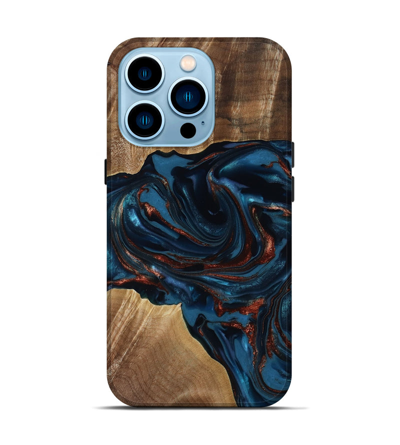 iPhone 14 Pro Wood Live Edge Phone Case - Nolan (Teal & Gold, 817882)