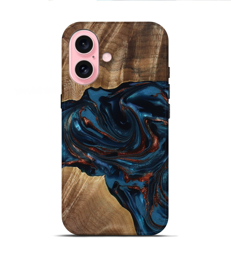 iPhone 16 Wood Live Edge Phone Case - Nolan (Teal & Gold, 817882)