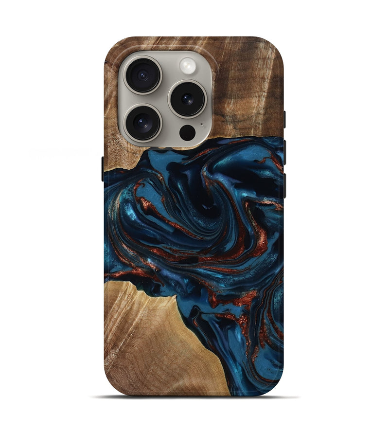 iPhone 16 Pro Wood Live Edge Phone Case - Nolan (Teal & Gold, 817882)