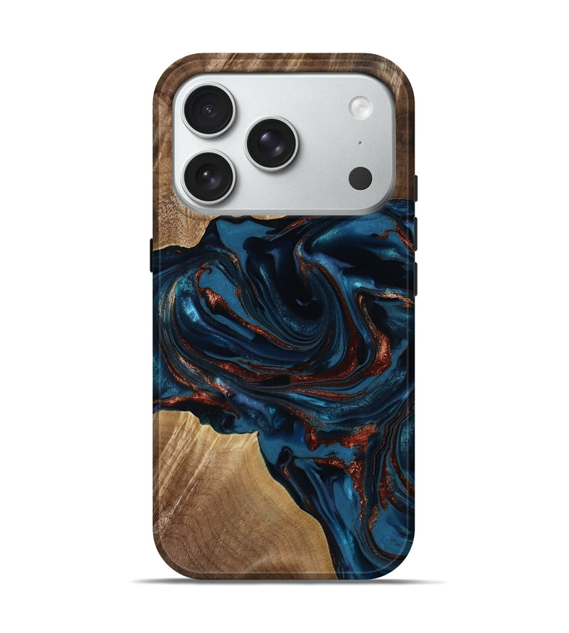 iPhone 18 Pro Wood Live Edge Phone Case - Nolan (Teal & Gold, 817882)
