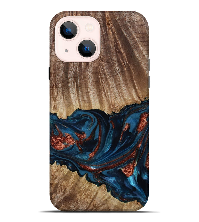 iPhone 14 Plus Wood Live Edge Phone Case - Alissa (Teal & Gold, 817892)
