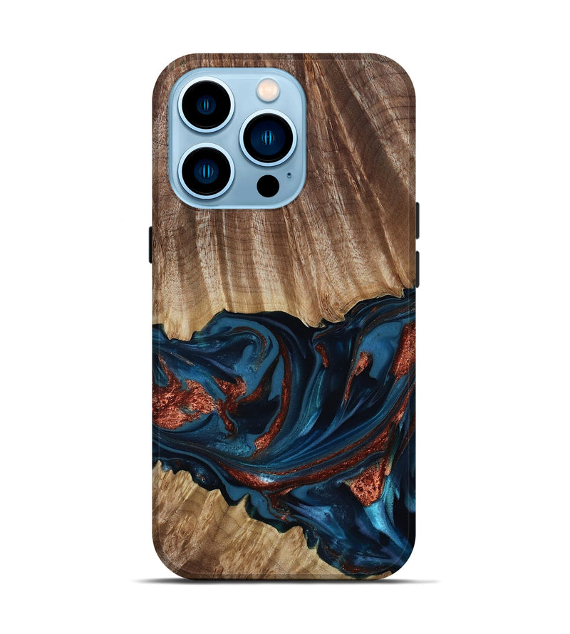 iPhone 14 Pro Wood Live Edge Phone Case - Alissa (Teal & Gold, 817892)
