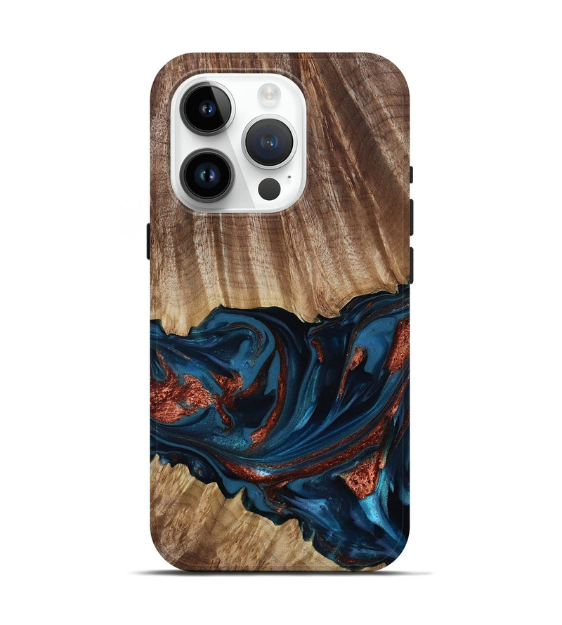 iPhone 15 Pro Wood Live Edge Phone Case - Alissa (Teal & Gold, 817892)