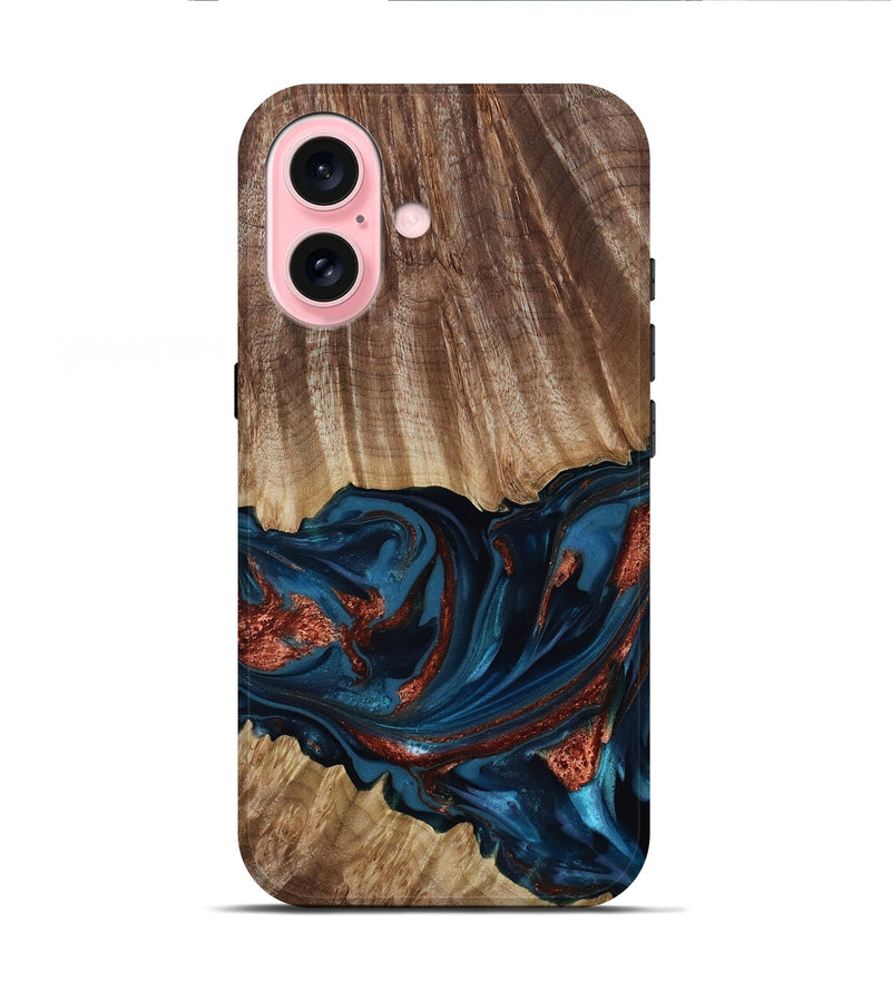 iPhone 16 Wood Live Edge Phone Case - Alissa (Teal & Gold, 817892)