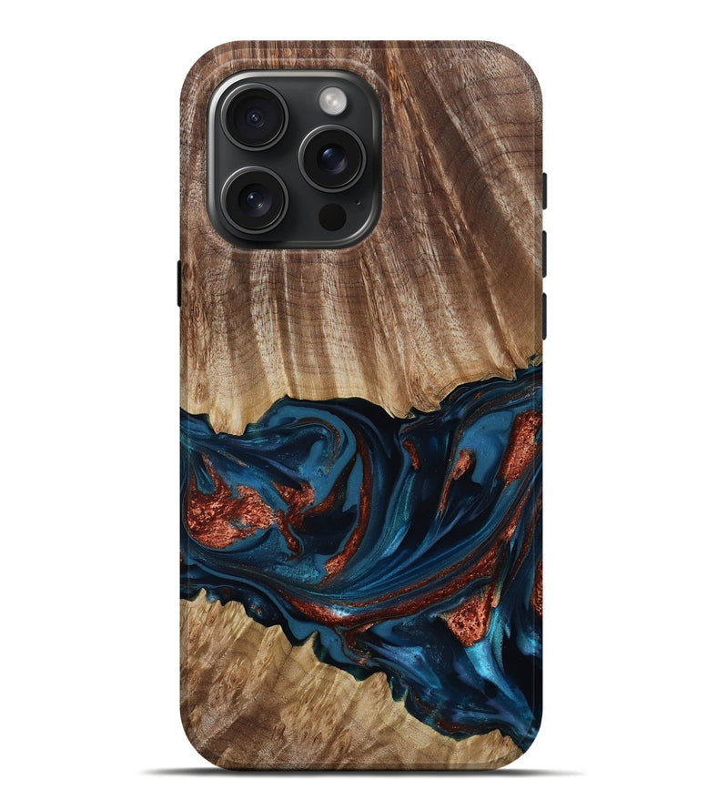 iPhone 16 Pro Max Wood Live Edge Phone Case - Alissa (Teal & Gold, 817892)
