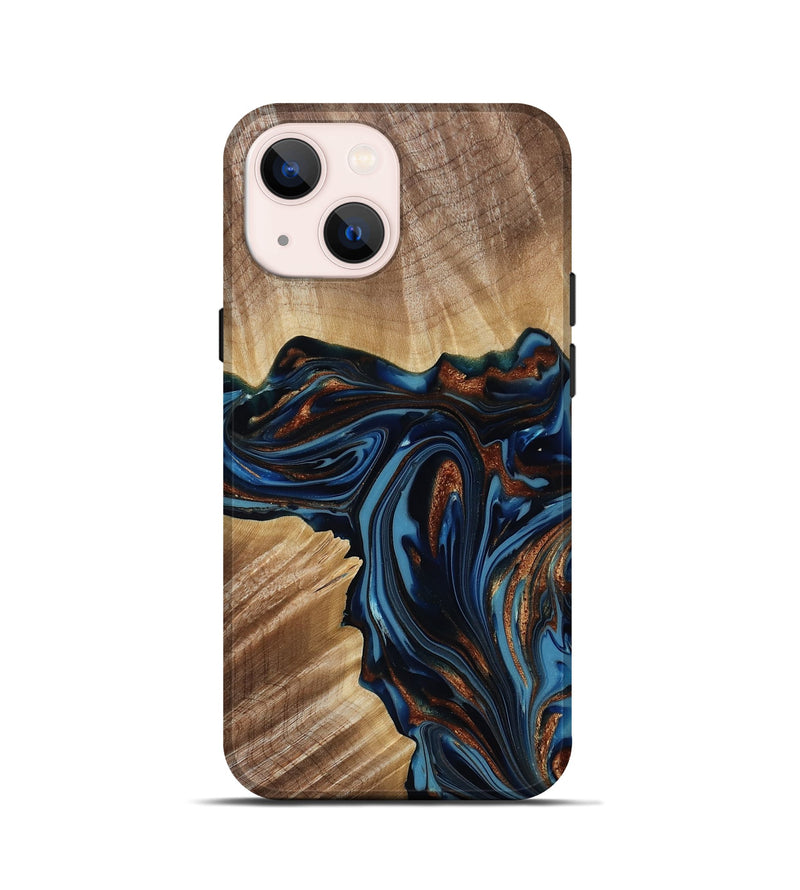 iPhone 13 mini Wood Live Edge Phone Case - Noelle (Teal & Gold, 817903)