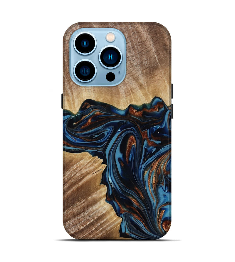 iPhone 14 Pro Wood Live Edge Phone Case - Noelle (Teal & Gold, 817903)