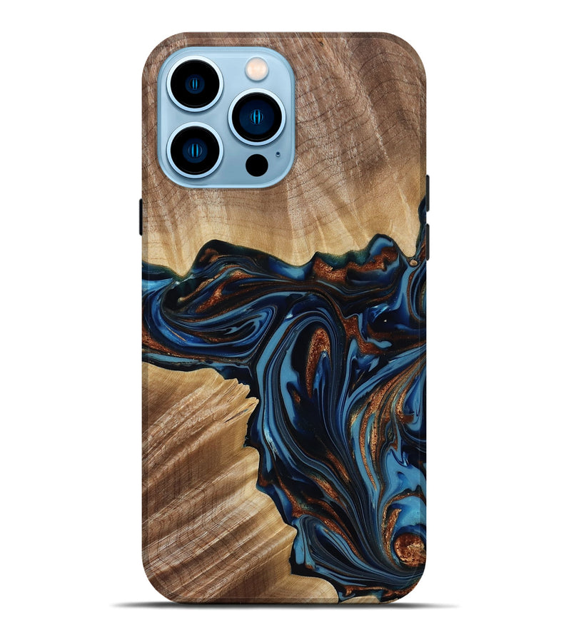 iPhone 14 Pro Max Wood Live Edge Phone Case - Noelle (Teal & Gold, 817903)