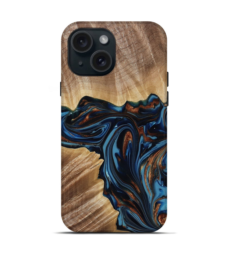 iPhone 15 Wood Live Edge Phone Case - Noelle (Teal & Gold, 817903)