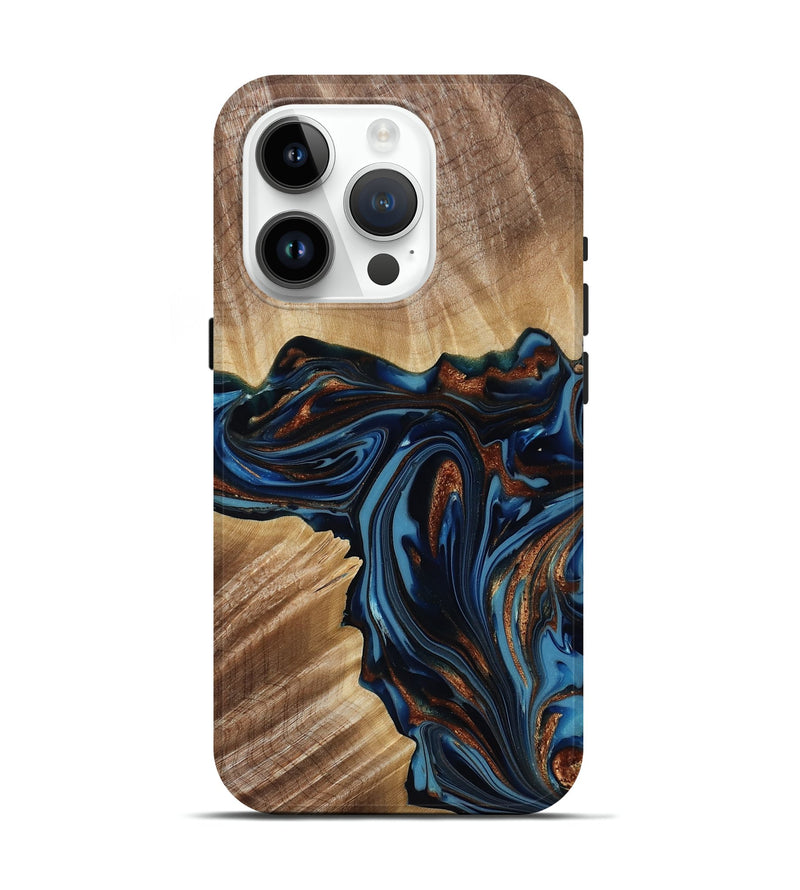 iPhone 15 Pro Wood Live Edge Phone Case - Noelle (Teal & Gold, 817903)