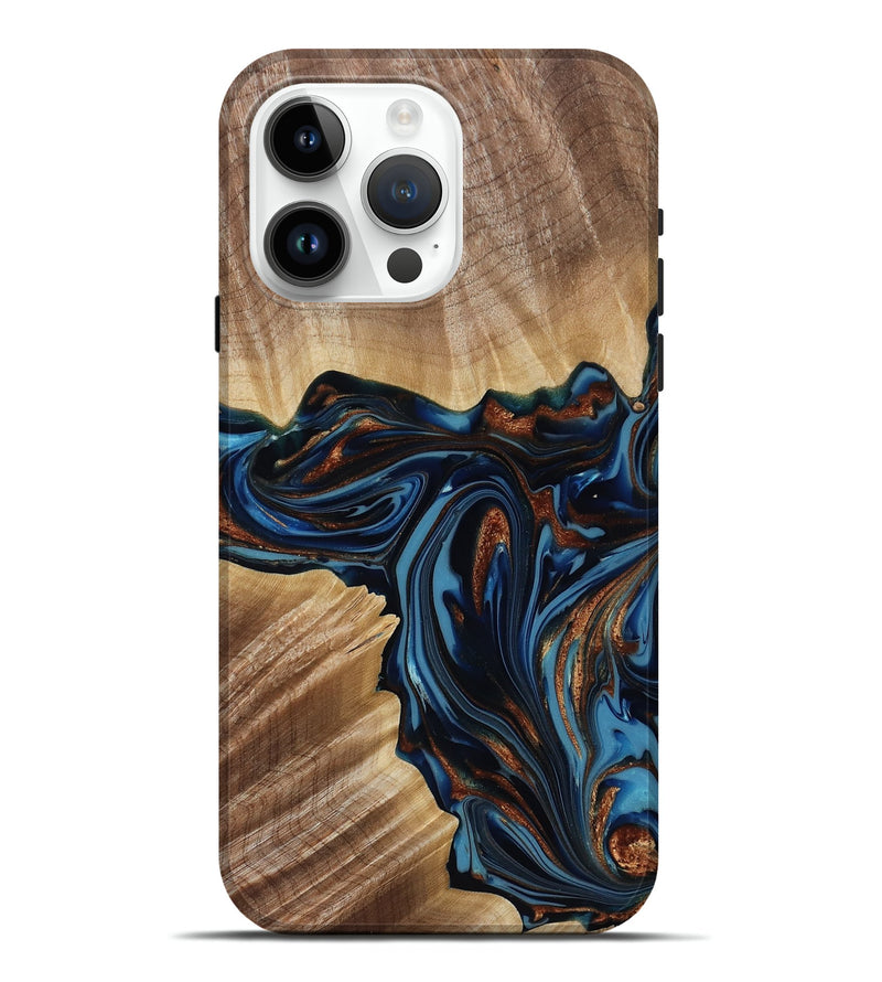 iPhone 15 Pro Max Wood Live Edge Phone Case - Noelle (Teal & Gold, 817903)