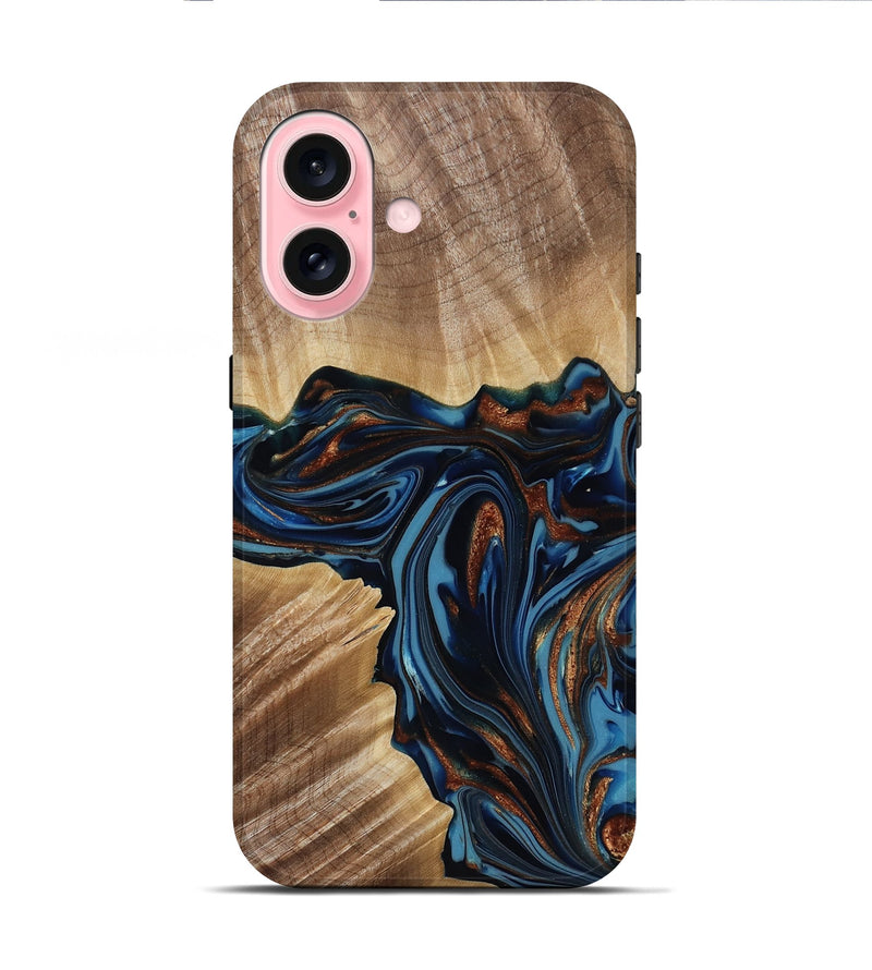 iPhone 16 Wood Live Edge Phone Case - Noelle (Teal & Gold, 817903)