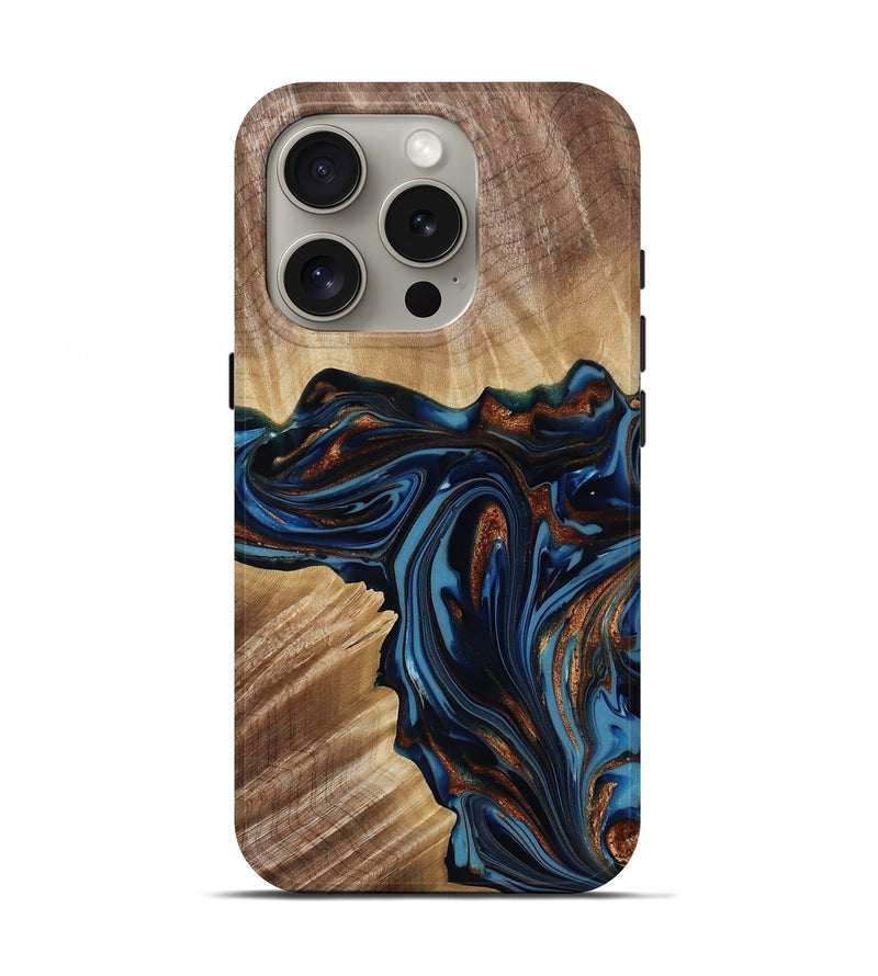 iPhone 16 Pro Wood Live Edge Phone Case - Noelle (Teal & Gold, 817903)